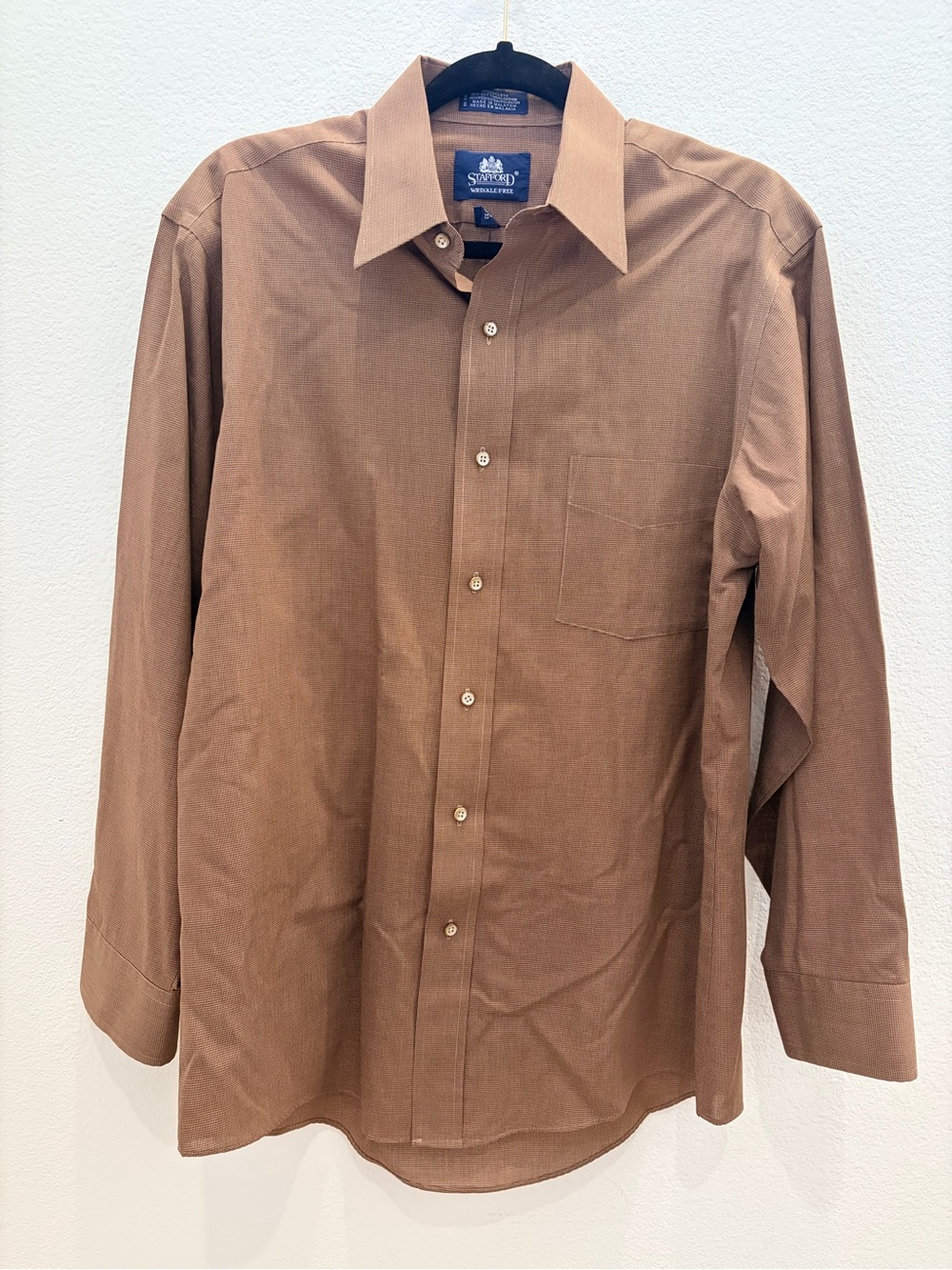 Stafford Wrinkle Free Mens Brown Micro-Check Broadcloth Dress Shirt - 156